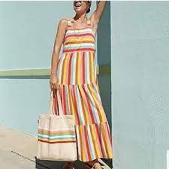 J Crew Small Rainbow Striped Tiered Maxi Dress Square Neck Cotton Fitted Bodice - Picture 12 of 12
